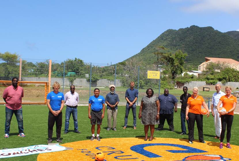Government Commissioner, Alida Francis, with representatives of NeVeBO, KNVB, Statia Sports Facility Foundation, International Boys, and the directorate Social Domain during the kick-off meet and greet.