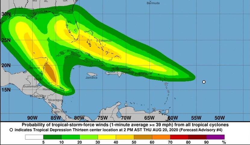 Map of tropical depression thirteen